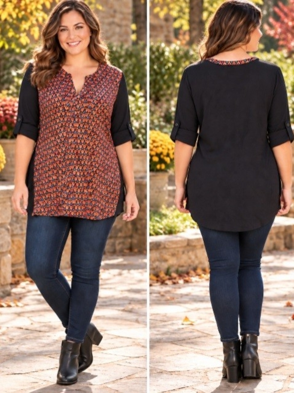 Daniel Rainn Black Tunic with Rust Floral Front